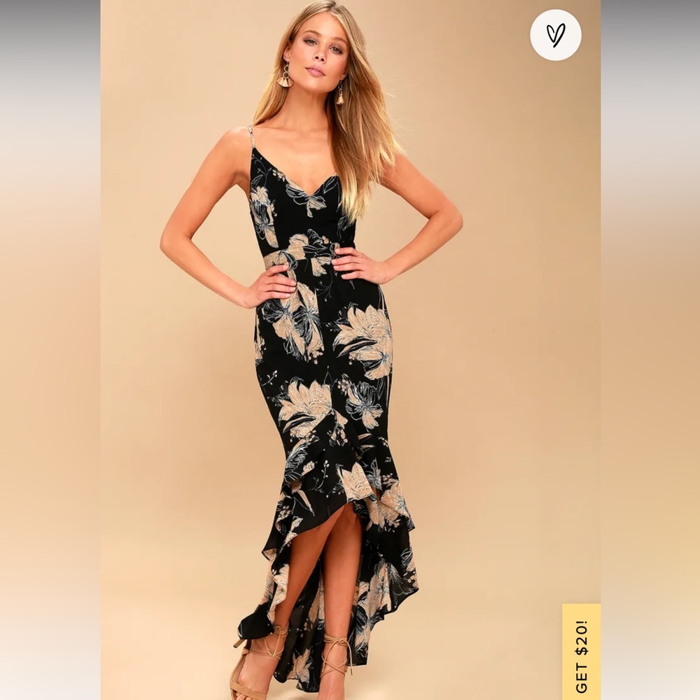 Black Floral Print High Low Maxi Dress